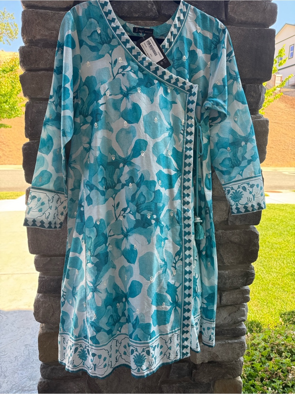 NWT J. Pret Junaid Jamshed Pakistani Dress Womens M Cotton floral Tassels Blue